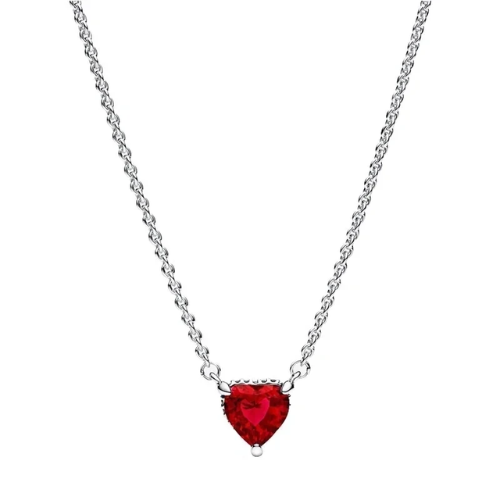Collier Femme Argent Cœur Brillant Rouge